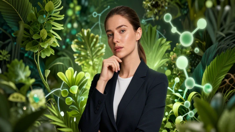 Mujer profesional rodeada de naturaleza y ciencia