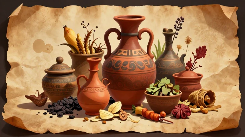 Ilustración dramática de vasijas antiguas con hierbas medicinales