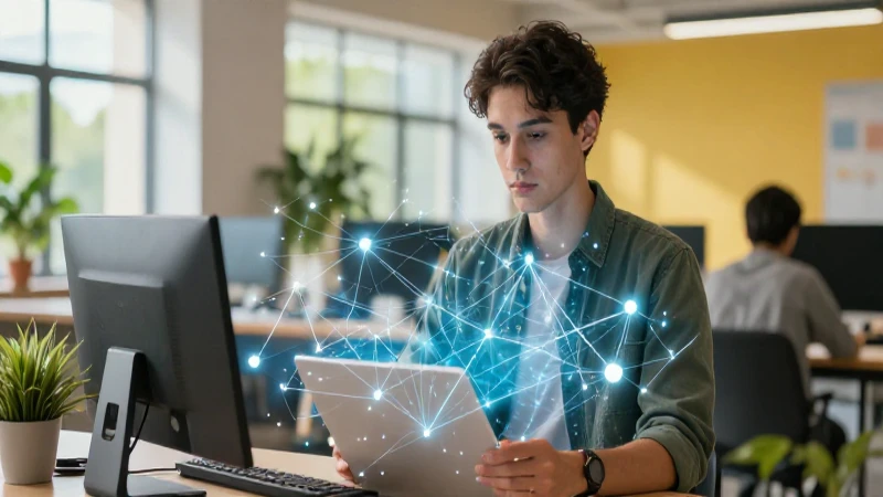Profesional joven en entorno educativo digital y moderno
