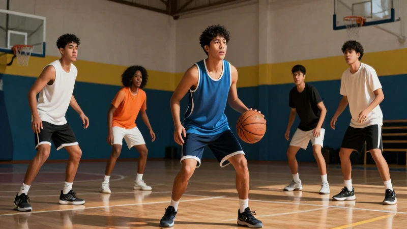 Estudiantes mexicanos dinámicos juegan baloncesto en gimnasio moderno