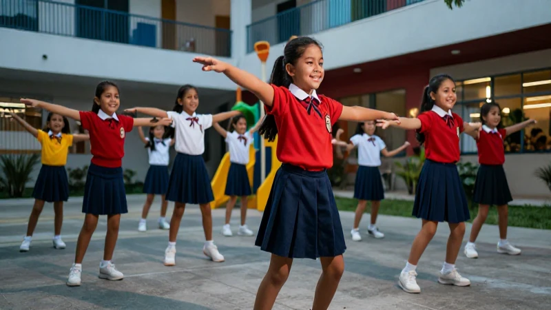 Mejora tu educación física con la nueva escuela mexicana: descubre sus beneficios 5 Niños mexicanos alegres ejercitan en patio escolar moderno
