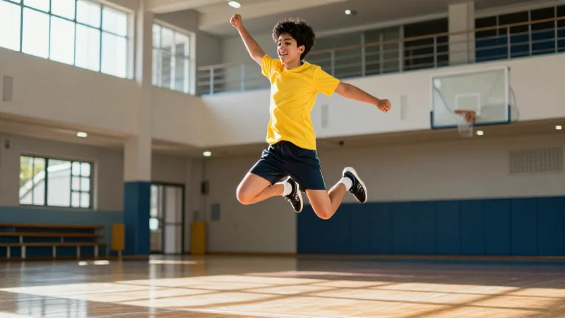Mejora tu educación física con la nueva escuela mexicana: descubre sus beneficios 8 Joven estudiante mexicano salta feliz en gimnasio vibrante