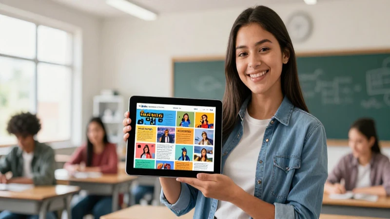 Estudiante mexicana sonriente aprende con tablet en aula moderna