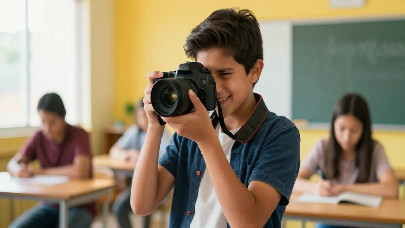 Desata tu creatividad: Aprende fotografía en nuestra escuela en México 3 Estudiante mexicano feliz con cámara en aula