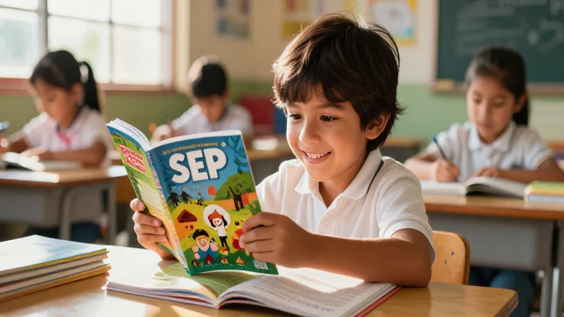 Formación de valores en niños: Beneficios de libros SEP 7 Niño mexicano curioso con libros vibrantes y sol
