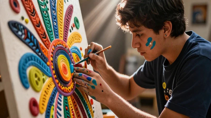 Cambia tu arte con la Nueva Escuela Mexicana: Transforma las artes plásticas con fundamentos inspiradores 4 Estudiante creativo modela arte mexicano dinámico