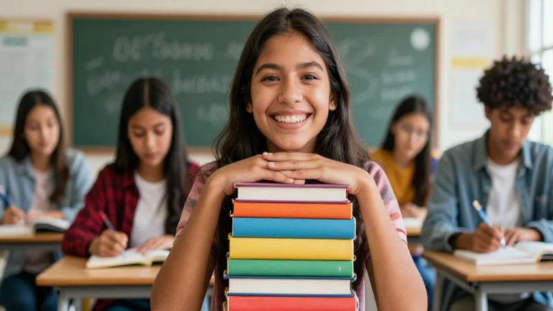 Estudiante mexicano sonriente con libros, imagen profesional