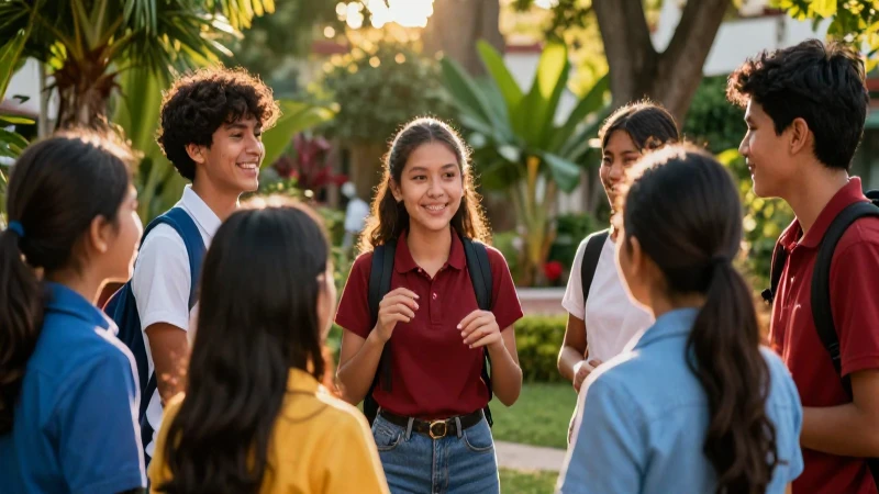 Estudiantes interactúan en un jardín mexicano vibrante