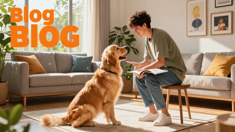 Estudiante feliz con perro en sala moderna