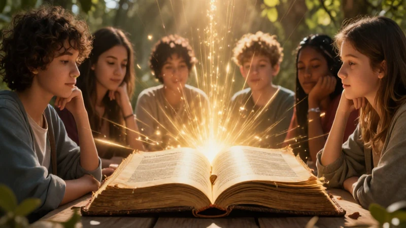 Jóvenes iluminados y Biblia antigua brillante