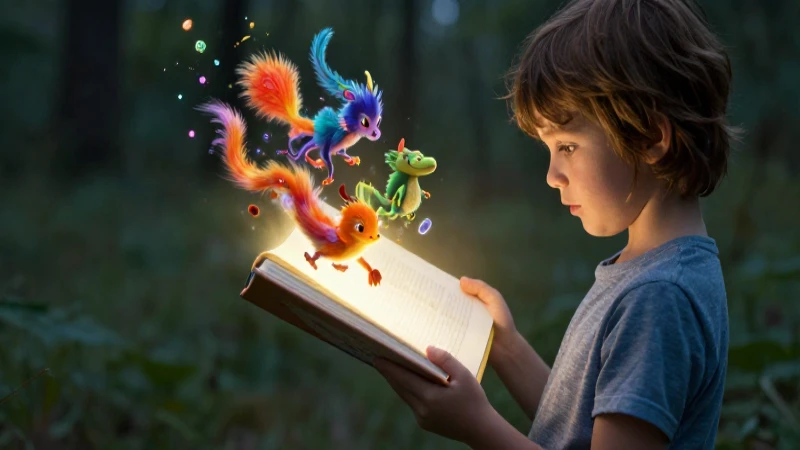 Niño lee libro mágico con criaturas fantásticas
