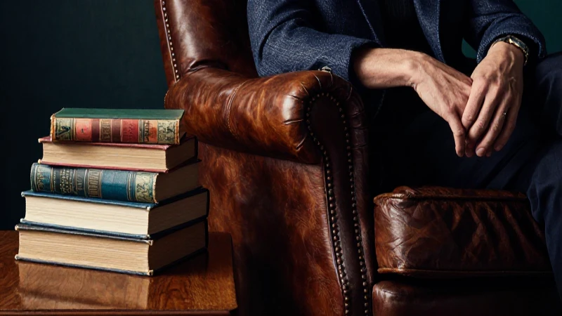 Hombre pensativo en sillón con libros, luz dramática