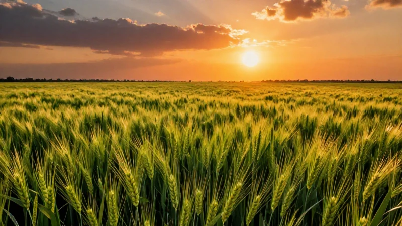 Fotografía cinematográfica del delta egipcio con campos de trigo al atardecer