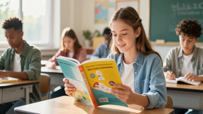Joven estudiante en aula, libro colorido y luz