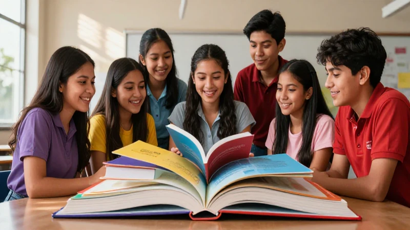 Estudiantes mexicanos alegres con libros vibrantes