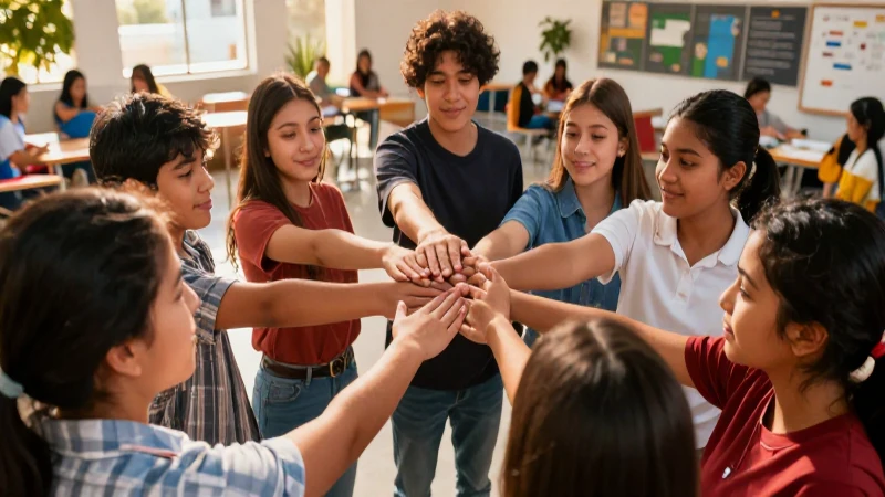 Qué es equidad: Concepto, tipos y valores que promueve 4 Estudiantes mexicanos aprendiendo juntos en un entorno vibrante