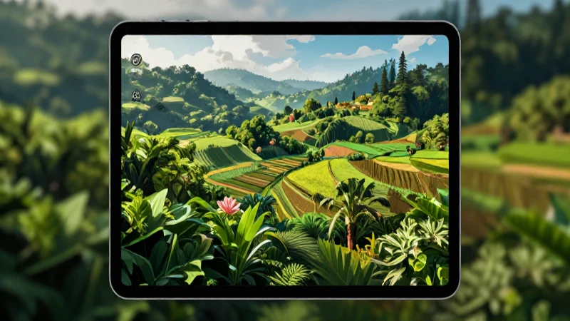 Paisaje agrícola vibrante con tablet educativa