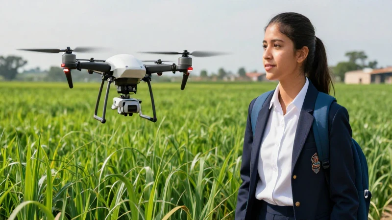 Estudiante mexicano con tecnología en campos verdes