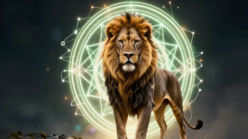 León majestuoso fusionado con tecnología y geometría
