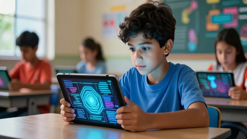 Joven estudiante con tablet, ambiente de aprendizaje dinámico