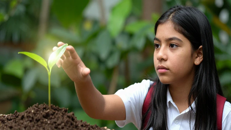 Estudiante interactúa con brote lumínico vibrante