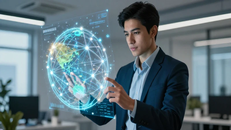 Joven profesional mexicano ante red financiera holográfica