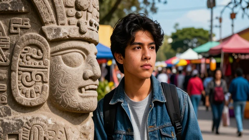 Joven estudiante con arte azteca y mercado vibrante