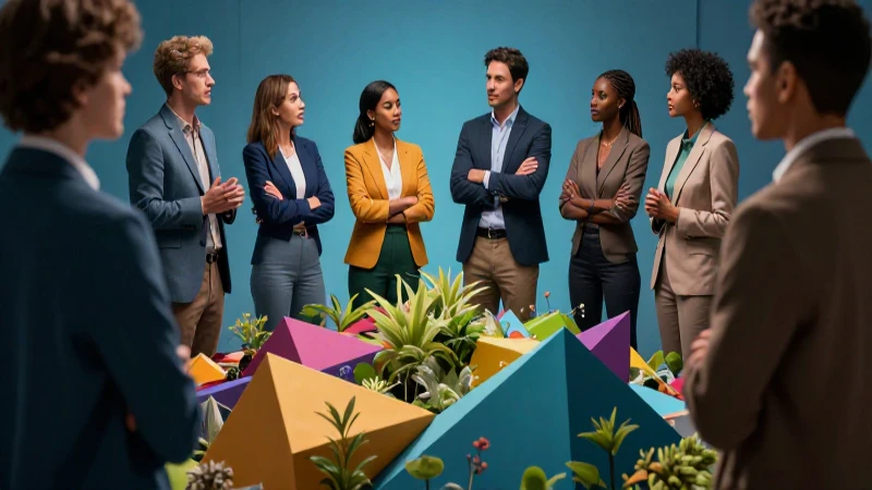 Grupo diverso dialogando sobre base geométrica