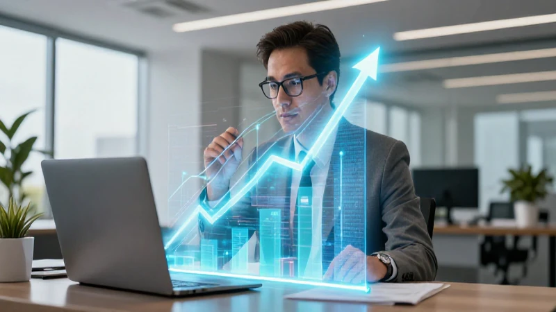 Economista proyectando gráfico de crecimiento ascendente