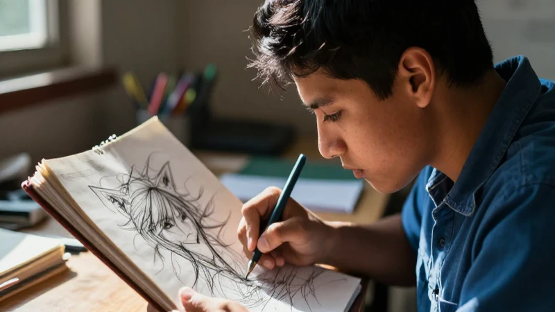 Estudiante mexicano esboza con luz dramática