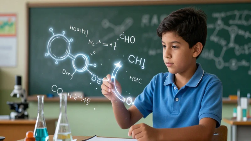Estudiante y fórmula química flotante en ciencia moderna