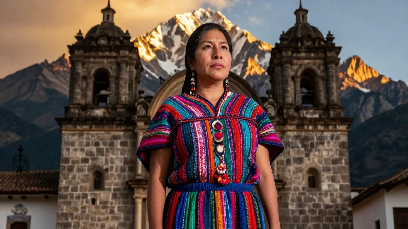 Mujer indígena ecuatoriana frente a montañas andinas