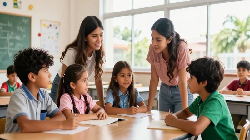 Niños colaborando en aula moderna con estética mexicana