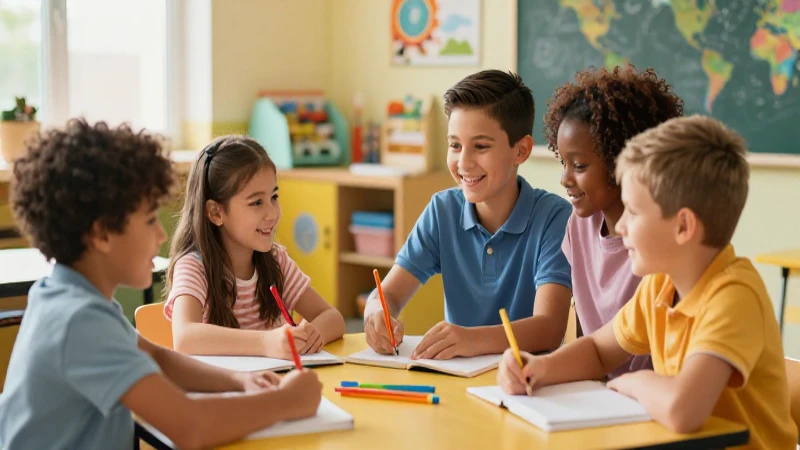 Niños felices aprendiendo en un aula vibrante y moderna