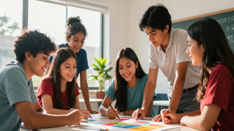 Estudiantes mexicanos felices colaboran en un proyecto vibrante