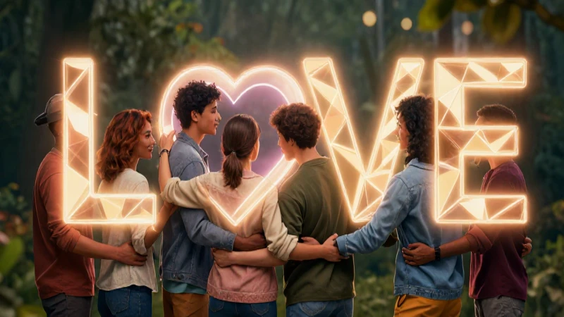 Jóvenes abrazando amor geométrico vibrante