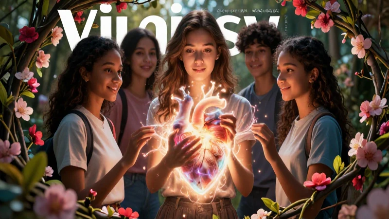 Retrato vibrante de estudiante con corazón luminoso