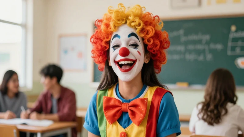 Estudiante sonriente, payaso y aula moderna vibrante