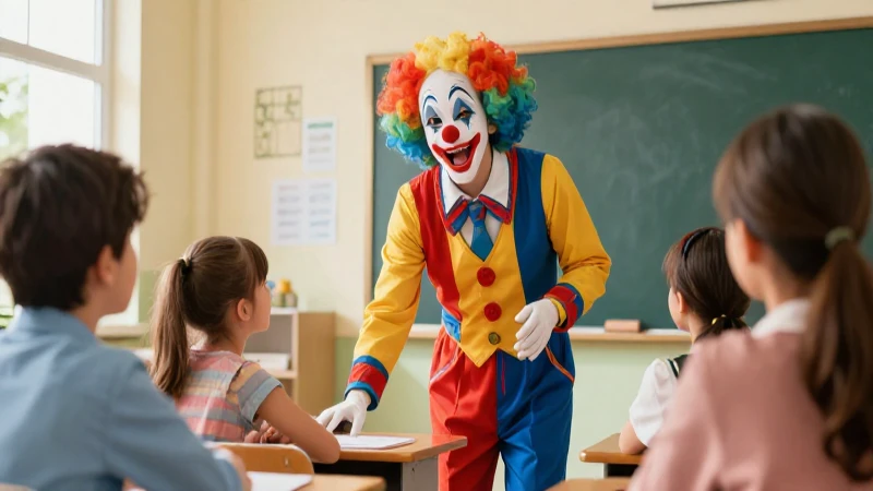 Clown experto enseña arte en un salón vibrante
