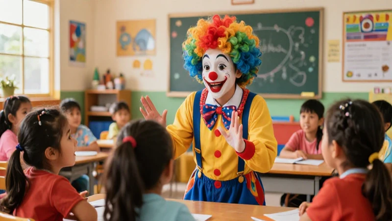 Clown moderno interactúa con niños en aula mexicana vibrante