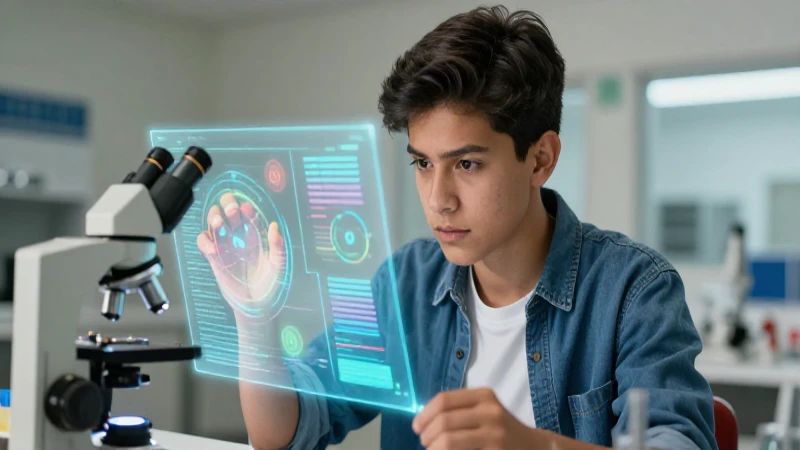 Estudiante mexicano interactúa con datos holográficos brillantes