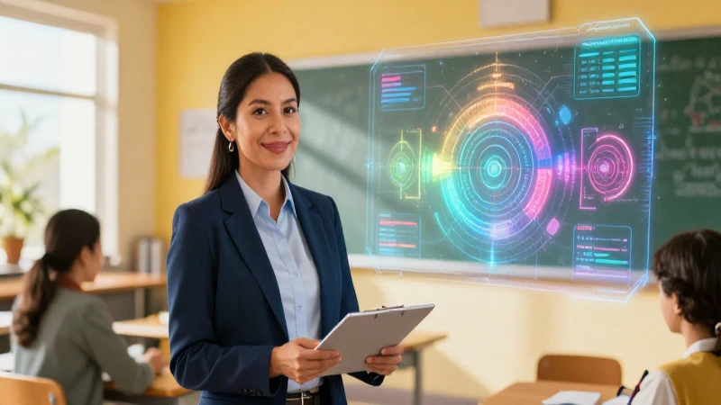 Educador mexicano en aula futurista con holograma