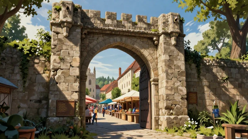 Feudalismo: Historia, características y su funcionamiento 8 Puerta medieval en ruinas con vibrante mercado