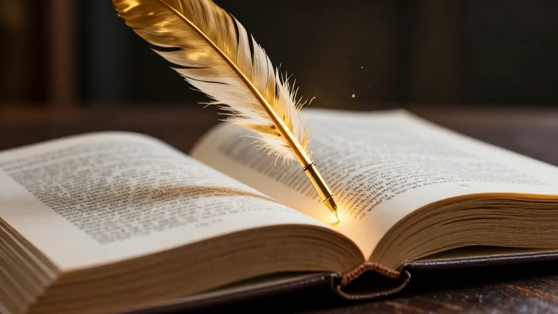 Libro antiguo con pluma dorada en luz dramática