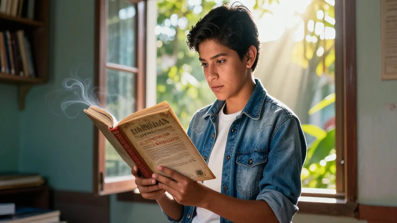 Estudiante mexicano contemplativo con libro antiguo