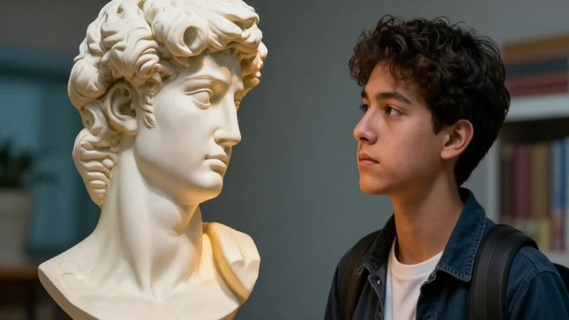 Estudiante mexicano reflexiona ante busto clásico