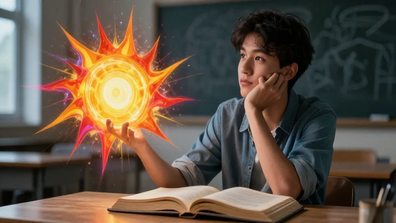 Joven estudiante ilustrado con un libro y un sol brillante