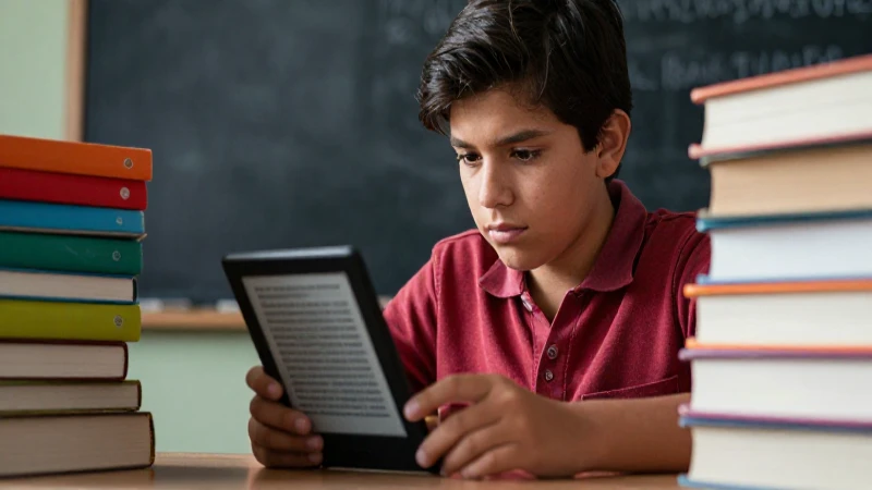 Joven estudia con Kindle en México moderno
