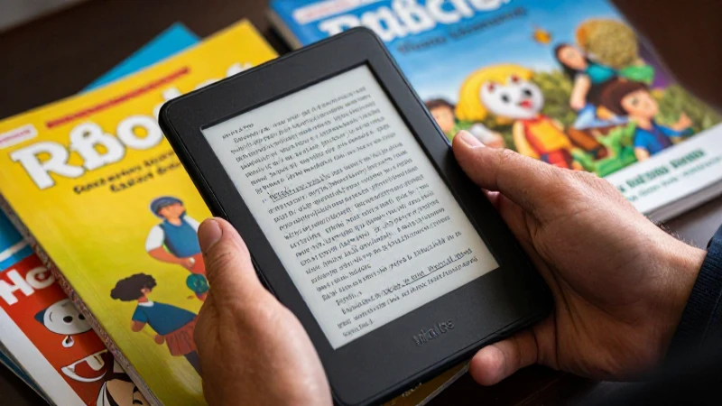 Mano con Kindle rodeada de libros coloridos