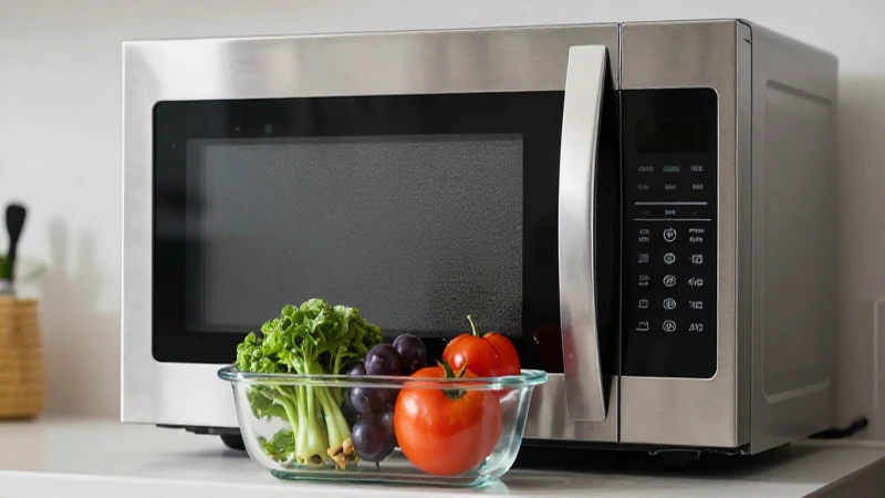 Cocina moderna, microondas elegante y comida vibrante